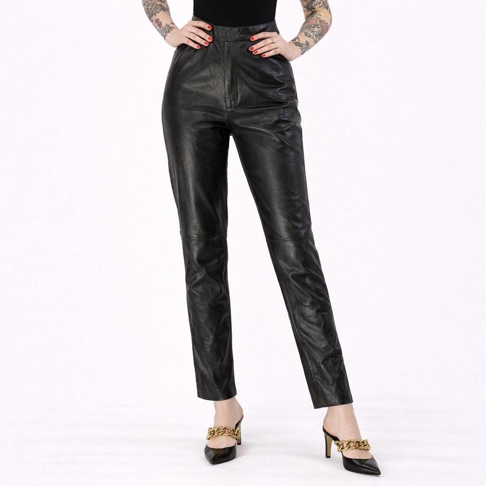 90s Vintage Genuine Leather Pants High Waist Straight Leg Womens XS 2 Jet Black
